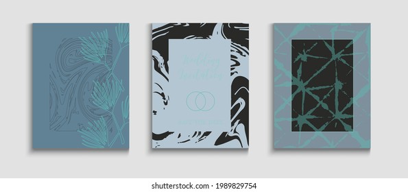 Abstract Asian Vector Cards Set. Cool Monstera Leaves Invitation Layout. Japanese Style Invitation. Hand Drawn Retro Background. Geometric Frame Pattern. Tie-Dye, Tropical Leaves Posters.