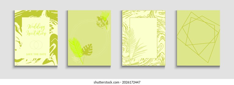 Abstract Asian Vector Cards Set. Geometric Border Pattern. Tie-Dye, Tropical Leaves Banners Hand Drawn Minimal Background. Painted Lines Forms in Oriental Style. Soft, Elegant Magazine Design.