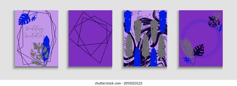 Resumen del juego de tarjetas vectoras asiáticas. Fondo Mínimo De La Mano. Diseño suave y elegante de la revista. Formas de líneas pintadas en estilo oriental. Patrón de borde geométrico. Tejido, volantes de hojas tropicales