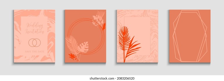 Abstract Asian Vector Cards Set. Painted Forms Lines in Oriental Style. Tie-Dye, Tropical Leaves Posters Geometric Border Texture. Hand Drawn Minimal Background. Soft, Elegant Invitation Template.