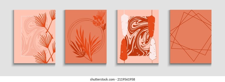 Resumen del juego de tarjetas vectoras asiáticas. Textura de borde geométrico. Anuncios, Banderas De Hojas Tropicales A Mano Dibujan Fondo Mínimo. Formas de líneas pintadas en estilo oriental. Diseño suave y elegante de la revista.