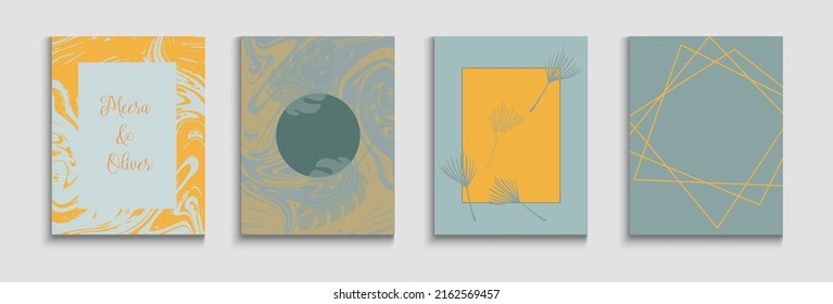 Abstract Asian Vector Cards Set. Geometric Frame Texture. Painted Lines Shapes in Oriental Style. Tie-Dye, Tropical Leaves Covers Soft, Elegant Invitation Design. Hand Drawn Minimal Background.