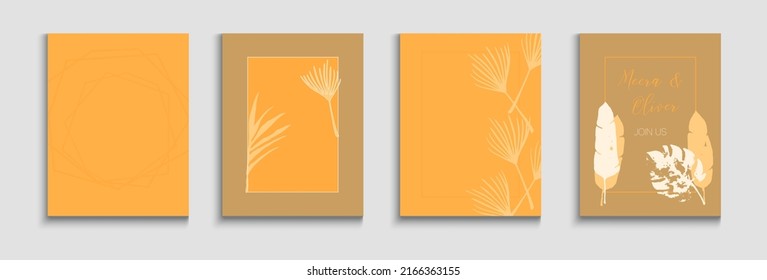 Abstract Asian Vector Cards Set. Soft, Elegant Invitation Template. Tie-Dye, Tropical Leaves Banners Hand Drawn Minimal Background. Painted Forms Shapes in Oriental Style. Geometric Frame Pattern.