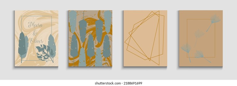 Abstraktes Set mit asiatischen Vektorkarten. Tie-farbige, tropische Blätter Flyer handgezeichnet minimalen Hintergrund. Weiche, elegante Zeitschriftenvorlage. Geometrische Grenzstruktur. Malte Linien bilden sich im orientalischen Stil.