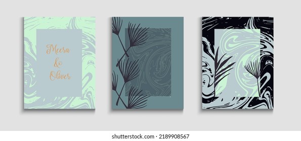Abstract Asian Vector Cards Set. Oriental Style Invitation. Tie-Dye, Tropical Leaves Posters. Hand Drawn Vintage Background. Geometric Border Texture. Simple Olive Leaves Invitation Layout.