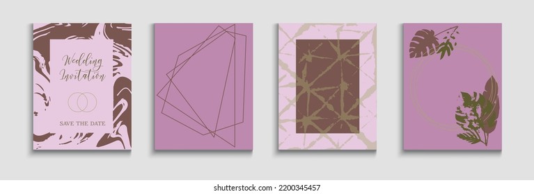 Abstract Asian Vector Cards Set. Tie-Dye, Tropical Leaves Covers. Oriental Style Invitation. Noble Monstera Leaves Invitation Template. Hand Drawn Trendy Background. Geometric Border Texture.
