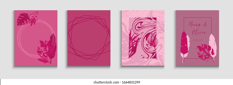 Abstract Asian Vector Covers Set. Painted Forms Lines in Oriental Style. Geometric Border Texture. Tie-Dye, Tropical Leaves Flyers Soft, Elegant Magazine Design. Hand Drawn Minimal Background.