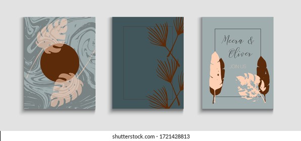 Conjunto de tapas de vectores asiáticos abstractas. Invitación al estilo japonés. Fondo Retro Dibujado A Mano. Carteles de tinte, hojas tropicales. Patrón de borde geométrico. El Mínimo Monstera Deja El Diseño De Invitación.