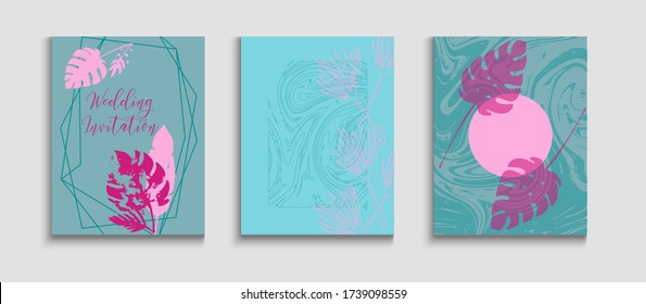 Abstraktes Set für asiatische Vektorabdeckungen. Handgezeichneter Jahrgang Hintergrund. Einladung im orientalischen Stil. Geometrisches Rahmenmuster Minimale Olive Blätter Einladung Vorlage. Farbige, tropische Blätterbanner.