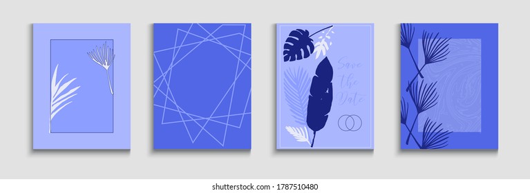 Abstract Asian Vector Covers Set. Cool Monstera Leaves Invitation Design. Geometric Border Texture. Hand Drawn Trendy Background. Japanese Style Invitation. Tie-Dye, Tropical Leaves Flyers.