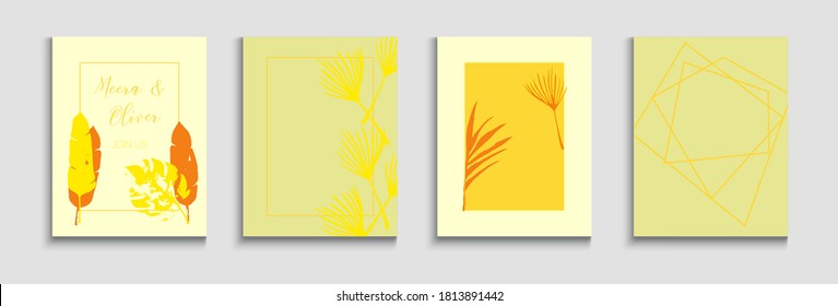 Abstract Asian Vector Covers Set. Painted Shapes Forms in Oriental Style. Hand Drawn Minimal Background. Soft, Elegant Magazine Template. Tie-Dye, Tropical Leaves Flyers Geometric Frame Texture.