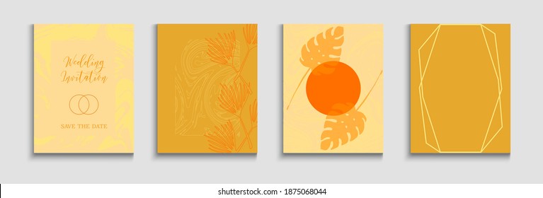 Abstract Asian Vector Covers Set. Soft, Elegant Invitation Template. Tie-Dye, Tropical Leaves Cards Hand Drawn Minimal Background. Painted Forms Shapes in Oriental Style. Geometric Frame Pattern.