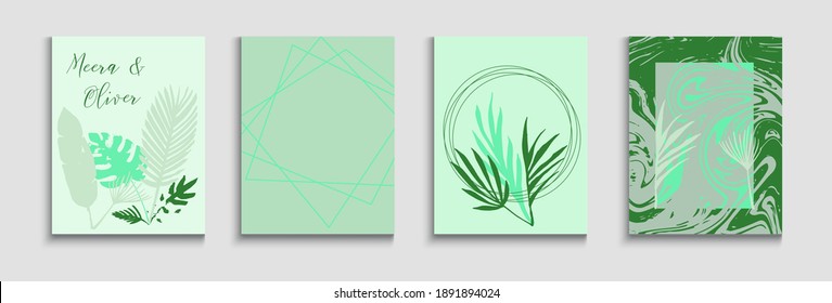 Abstract Asian Vector Covers Set. Tie-Dye, Tropical Leaves Cards Hand Drawn Minimal Background. Geometric Border Pattern. Soft, Elegant Invitation Layout. Painted Lines Forms in Oriental Style.