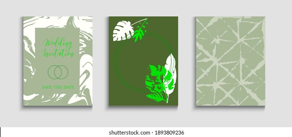 Abstract Asian Vector Covers Set. Hand Drawn Trendy Background. Tie-Dye, Tropical Leaves Flyers. Noble Banana Leaves Magazine Design. Geometric Border Pattern. Japanese Style Invitation.