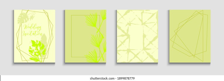 Resumen del conjunto de tapas de vectores asiáticos. Anuncios de tinte y hojas tropicales dibujando fondo mínimo. Textura del marco geométrico. Líneas de formas pintadas en estilo oriental. Plantilla de Revista suave y elegante.