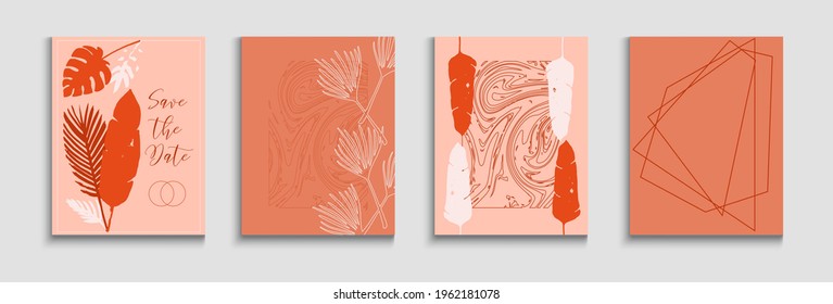 Abstract Asian Vector Covers Set. Painted Shapes Forms in Oriental Style. Tie-Dye, Tropical Leaves Banners Hand Drawn Minimal Background. Soft, Elegant Invitation Design. Geometric Frame Texture.