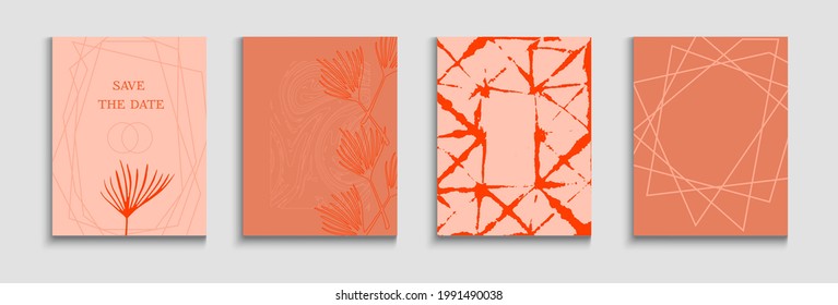 Abstract Asian Vector Covers Set. Tie-Dye, Tropical Leaves Banners Painted Lines Shapes in Oriental Style. Hand Drawn Minimal Background. Soft, Elegant Invitation Layout. Geometric Border Pattern.