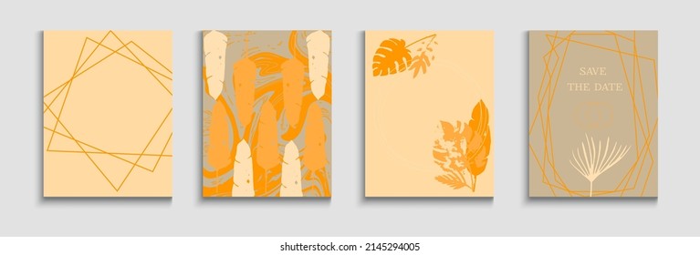 Abstract Asian Vector Covers Set. Hand Drawn Minimal Background. Soft, Elegant Invitation Design. Tie-Dye, Tropical Leaves Flyers Painted Lines Forms in Oriental Style. Geometric Frame Texture.