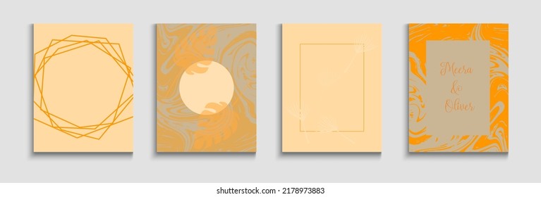 Abstract Asian Vector Covers Set. Tie-Dye, Tropical Leaves Flyers Geometric Border Pattern. Hand Drawn Minimal Background. Painted Shapes Forms in Oriental Style. Soft, Elegant Invitation Layout.
