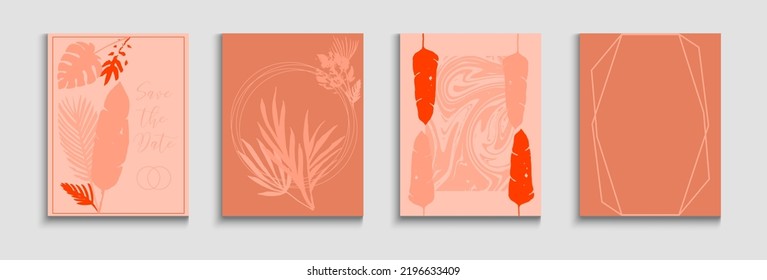 Abstract Asian Vector Covers Set. Tie-Dye, Tropical Leaves Posters Geometric Border Texture. Painted Forms Shapes in Oriental Style. Hand Drawn Minimal Background. Soft, Elegant Magazine Layout.