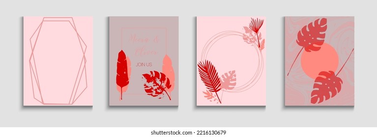 Abstract Asian Vector Covers Set. Painted Shapes Forms in Oriental Style. Soft, Elegant Magazine Layout. Hand Drawn Minimal Background. Tie-Dye, Tropical Leaves Posters Geometric Frame Texture.