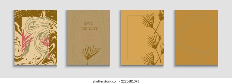 Abstract Asian Vector Covers Set. Geometric Border Pattern. Tie-Dye, Tropical Leaves Flyers. Soft Olive Leaves Magazine Template. Japanese Style Invitation. Hand Drawn Retro Background.