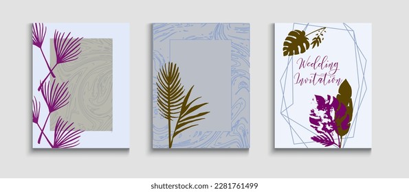 Abstract Asian Vector Covers Set. Simple Banana Leaves Invitation Layout. Tie-Dye, Tropical Leaves Cards. Hand Drawn Elegant Background. Japanese Style Invitation. Geometric Border Pattern.