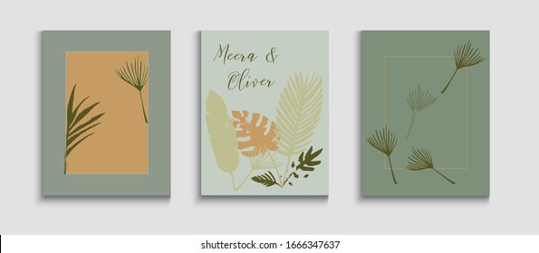 Abstract Asian Vector Flyers Set. Hand Drawn Hipster Background. Tie-Dye, Tropical Leaves Posters. Japanese Style Invitation. Geometric Border Texture. Cool Olive Leaves Magazine Template.