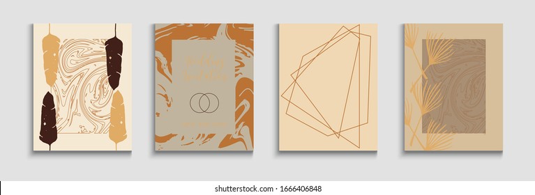 Abstract Asian Vector Flyers Set. Cool Olive Leaves Invitation Layout. Hand Drawn Vintage Background. Geometric Border Texture. Tie-Dye, Tropical Leaves Covers. Japanese Style Invitation.