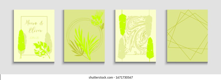 Abstract Asian Vector Flyers Set. Painted Forms Shapes in Oriental Style. Tie-Dye, Tropical Leaves Posters Soft, Elegant Magazine Template. Geometric Frame Pattern. Hand Drawn Minimal Background.