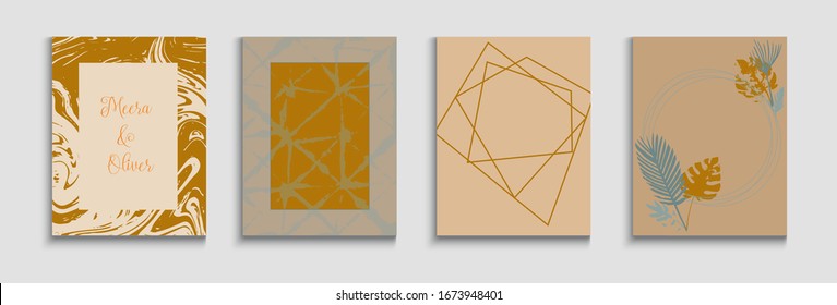 Abstract Asian Vector Flyers Set. Hand Drawn Minimal Background. Tie-Dye, Tropical Leaves Posters Geometric Border Pattern. Soft, Elegant Invitation Design. Painted Shapes Forms in Oriental Style.