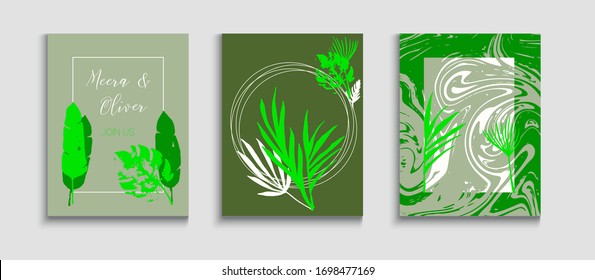 Abstract Asian Vector Flyers Set. Simple Olive Leaves Magazine Design. Hand Drawn Trendy Background. Geometric Frame Pattern. Tie-Dye, Tropical Leaves Banners. Japanese Style Invitation.