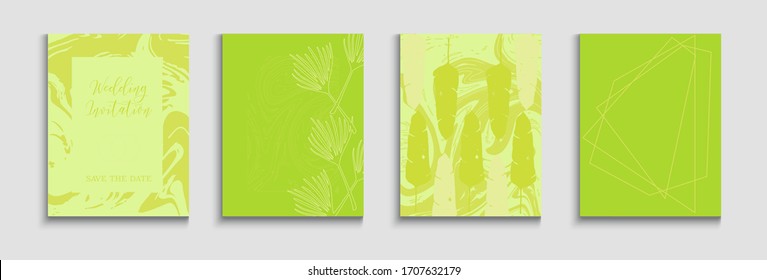 Abstract Asian Vector Flyers Set. Hand Drawn Minimal Background. Tie-Dye, Tropical Leaves Covers Geometric Border Texture. Soft, Elegant Invitation Template. Painted Forms Lines in Oriental Style.