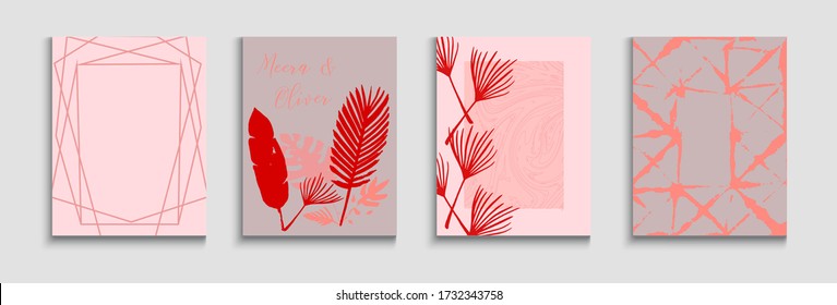 Abstract Asian Vector Flyers Set. Geometric Frame Pattern. Soft, Elegant Invitation Template. Tie-Dye, Tropical Leaves Cards Painted Forms Shapes in Oriental Style. Hand Drawn Minimal Background.