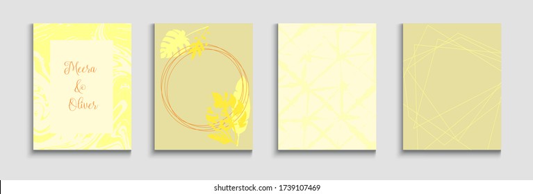 Abstract Asian Vector Flyers Set. Soft, Elegant Magazine Layout. Geometric Border Pattern. Tie-Dye, Tropical Leaves Posters Hand Drawn Minimal Background. Painted Lines Forms in Oriental Style.
