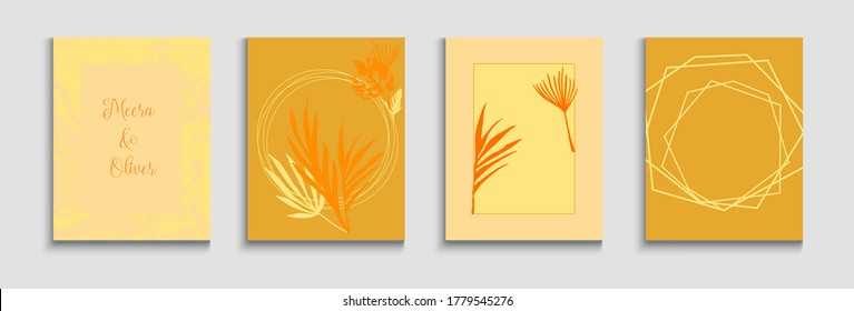 Abstract Asian Vector Flyers Set. Hand Drawn Minimal Background. Soft, Elegant Invitation Design. Geometric Border Pattern. Painted Shapes Forms in Oriental Style. Tie-Dye, Tropical Leaves Covers