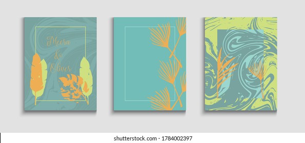 Abstract Asian Vector Flyers Set. Japanese Style Invitation. Geometric Border Pattern. Cool Banana Leaves Invitation Design. Hand Drawn Elegant Background. Tie-Dye, Tropical Leaves Covers.