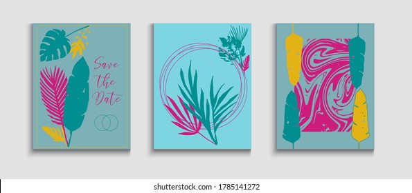 Resumen del conjunto de volantes de vectores asiáticos. Monstera suave deja el diseño de la invitación. Fondo De Hipster De Mano. Tintes, Tejidos Tropicales. Invitación al estilo oriental. Textura de borde geométrico.
