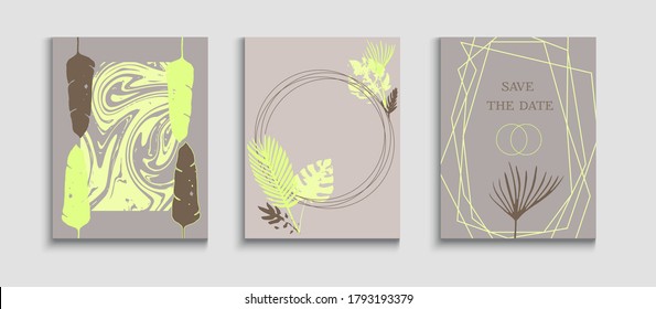 Resumen del conjunto de volantes de vectores asiáticos. Textura del marco geométrico. Tintes, Tejidos Tropicales. Mínimo Monstera deja el diseño de la revista. Fondo de Vintage dibujado a mano. Invitación al estilo oriental.