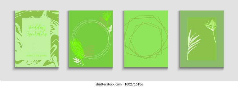 Abstract Asian Vector Flyers Set. Soft, Elegant Magazine Design. Geometric Border Texture. Tie-Dye, Tropical Leaves Cards Painted Shapes Forms in Oriental Style. Hand Drawn Minimal Background.