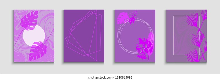 Abstract Asian Vector Flyers Set. Hand Drawn Minimal Background. Painted Forms Shapes in Oriental Style. Geometric Border Texture. Soft, Elegant Magazine Design. Tie-Dye, Tropical Leaves Cards