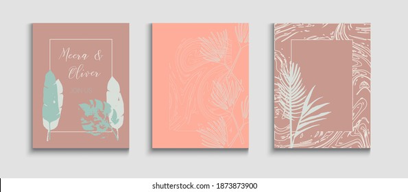 Abstraktes Asien-Vektorflugzeug-Set. Geometrisches Grenzmuster. Einfaches Design des Banana Leaves Magazine. Tie-Dye, tropische Blätter Poster. Handgezeichnet Eleganter Hintergrund. Einladung nach japanischem Stil.
