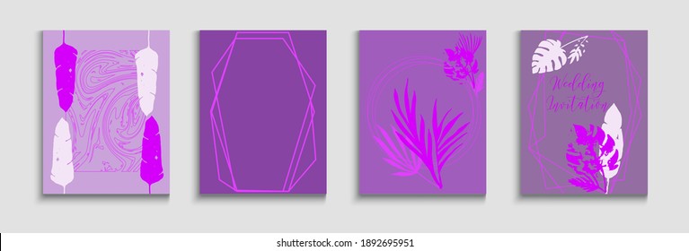Abstract Asian Vector Flyers Set. Geometric Border Texture. Soft, Elegant Magazine Template. Hand Drawn Minimal Background. Painted Shapes Forms in Oriental Style. Tie-Dye, Tropical Leaves Posters