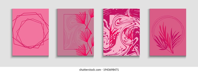 Abstract Asian Vector Flyers Set. Hand Drawn Minimal Background. Soft, Elegant Magazine Design. Tie-Dye, Tropical Leaves Covers Painted Shapes Forms in Oriental Style. Geometric Frame Texture.