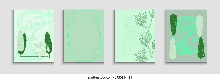 Abstract Asian Vector Flyers Set. Geometric Frame Pattern. Painted Lines Forms in Oriental Style. Hand Drawn Minimal Background. Soft, Elegant Magazine Design. Tie-Dye, Tropical Leaves Covers