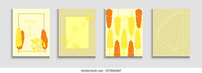 Abstract Asian Vector Flyers Set. Hand Drawn Minimal Background. Soft, Elegant Magazine Template. Geometric Border Texture. Tie-Dye, Tropical Leaves Banners Painted Forms Lines in Oriental Style.