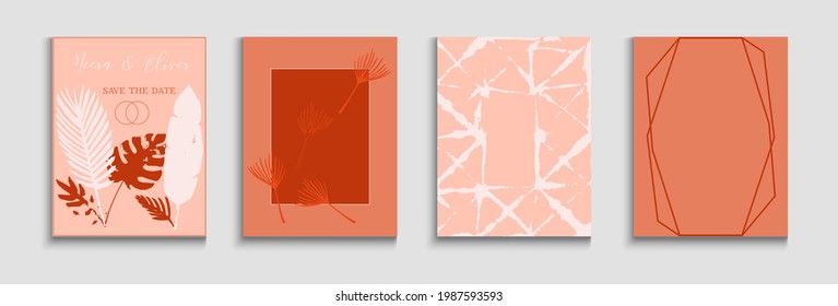 Abstract Asian Vector Flyers Set. Painted Forms Lines in Oriental Style. Soft, Elegant Invitation Design. Geometric Frame Texture. Tie-Dye, Tropical Leaves Covers Hand Drawn Minimal Background.