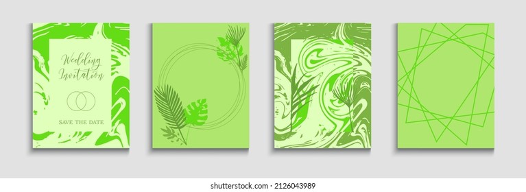 Abstract Asian Vector Flyers Set. Soft, Elegant Invitation Template. Painted Forms Lines in Oriental Style. Tie-Dye, Tropical Leaves Cards Geometric Frame Pattern. Hand Drawn Minimal Background.