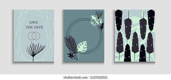Abstract Asian Vector Flyers Set. Geometric Frame Texture. Tie-Dye, Tropical Leaves Posters. Japanese Style Invitation. Hand Drawn Hipster Background. Soft Banana Leaves Invitation Layout.