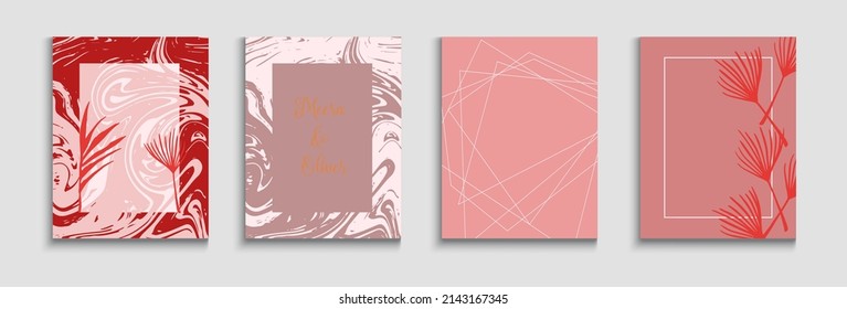 Abstract Asian Vector Flyers Set. Tie-Dye, Tropical Leaves Covers. Soft Monstera Leaves Invitation Design. Oriental Style Invitation. Hand Drawn Vintage Background. Geometric Border Texture.